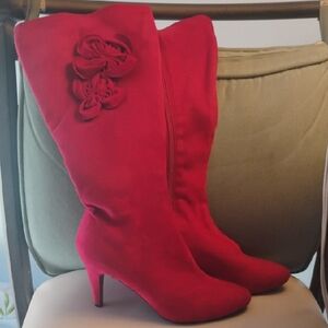 Velvet Heart Red Heeled Boots with Floral Detail